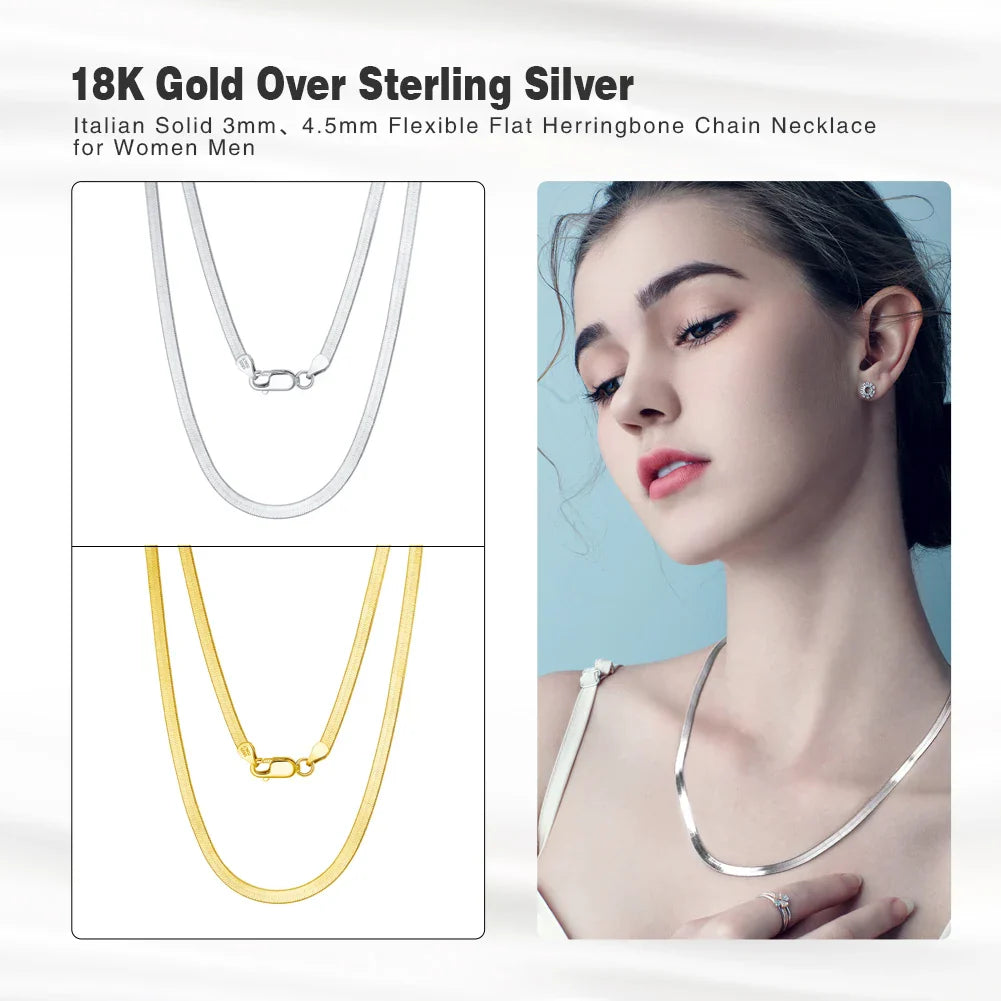 925 Sterling Silver 3mm Gold Flexible Flat Chain Herringbone Snake Chain Necklace for Women Neck Chain Jewelry SC35