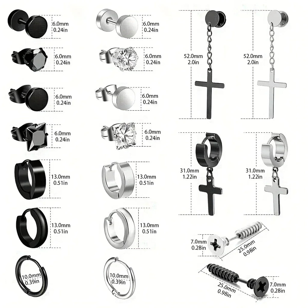 Simple Stainless Steel Zircon Stud Earrings For Men, Cross Pendant Hoop Earrings For Daily Wear