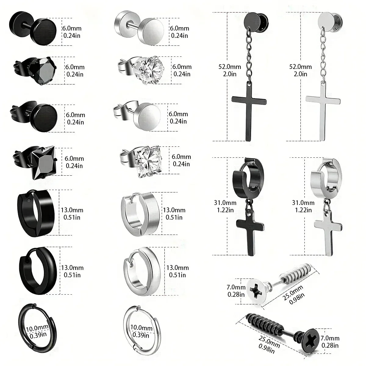 Simple Stainless Steel Zircon Stud Earrings For Men, Cross Pendant Hoop Earrings For Daily Wear