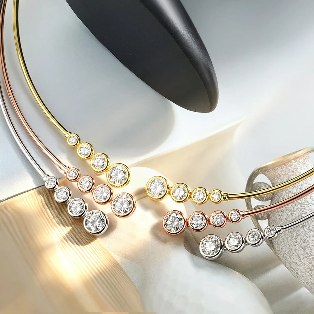 Luxury Round Bezel Bubble Moissanite Open Choker Neck Chain for Women S925 Silver 4-Stone Diamond Cuff Collar Necklace Gift