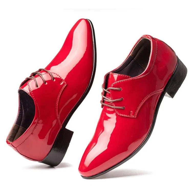 Men's Red Patent Leather Wedding Groomsmen Shoes Low Block Heel Business Formal Dress Shoes Trendy Casual Footwear