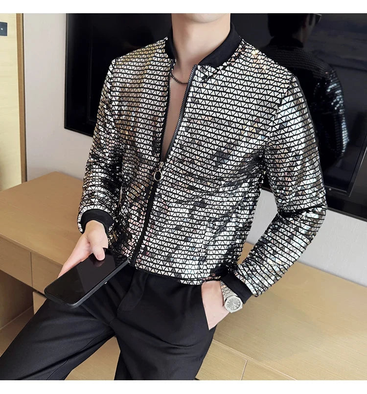 Men's Fashionable and Personalized Silver Sequin Jacket Summer New Ball Performance Suit Jacket Hip-hop Fashion Street Wear