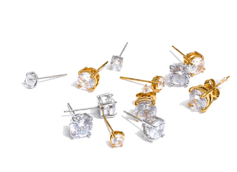 1Set High Quality Shiny Cubic Zirconia Round Stud Earrings Daily Stainless Steel Versatile Premium Jewelry Party Gift