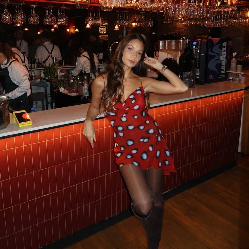 Print V-neck Lace Up Casual Dress Women Chic Thin Mesh Polka Dot Flared Sleeves Patchwork Slim Fit Dresses Lady Daily Vestidos