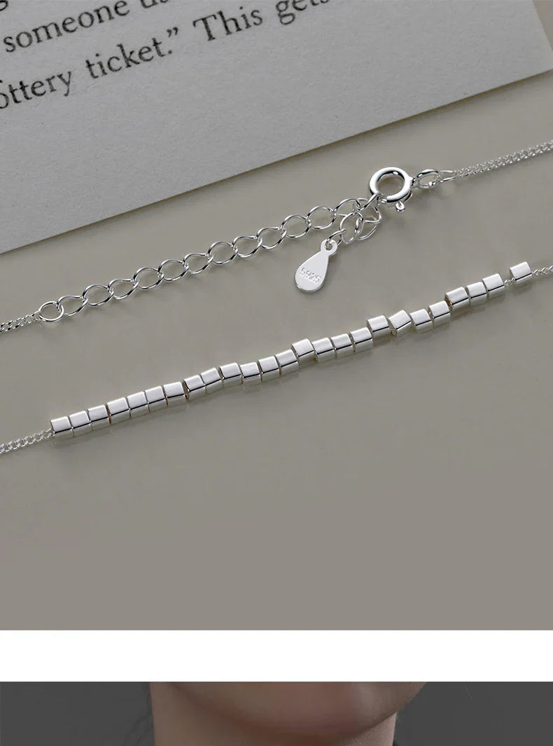 925 Sterling Silver Slide Block Sparkling Necklace Basic Chain Link Simple Fine Jewelry For Women Valentine's Day Gift