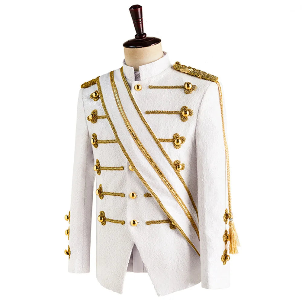 Men Sequin Uniform MJ Dance Wear Glitter Black White Vintage Michael Jackson Stage Jacket with Tassel