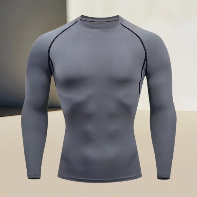 Men's fitness compression shirt with round neck, long sleeved muscle fit, suitable for bodybuilding and physical training