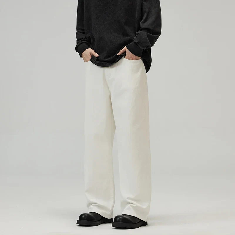 100％ Cotton Men's Baggy Straight Jeans Comfortable Soft Casual Pants Fashion Korean White Brown Denim Trousers Male Clothing