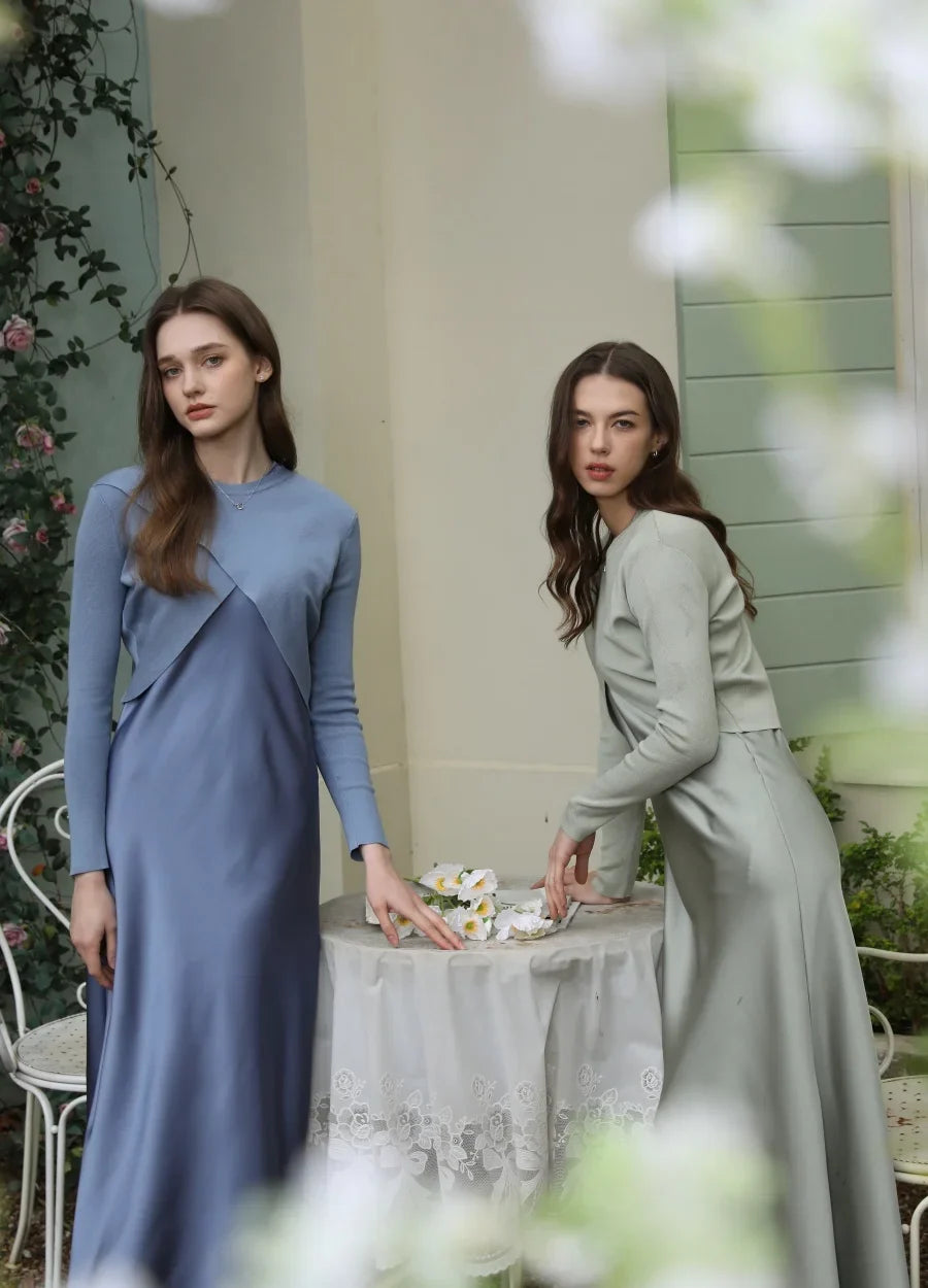 2025 spring summer elegance satin dress + knitted top match set maxi floor length woman clothes