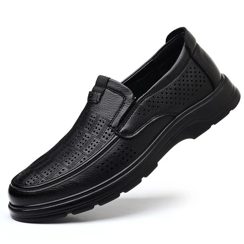Men's Summer Breathable Leather Loafers Brown Hollow Out Slip-On Shoes Male Thick Sole Comfortable Non-slip Work Shoes for Man