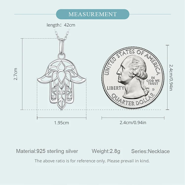 925 Sterling Silver Guardian Fatima's Hand Pendant Necklace Flower Pattern Neck Chian for Women Platinum Plated SCN490
