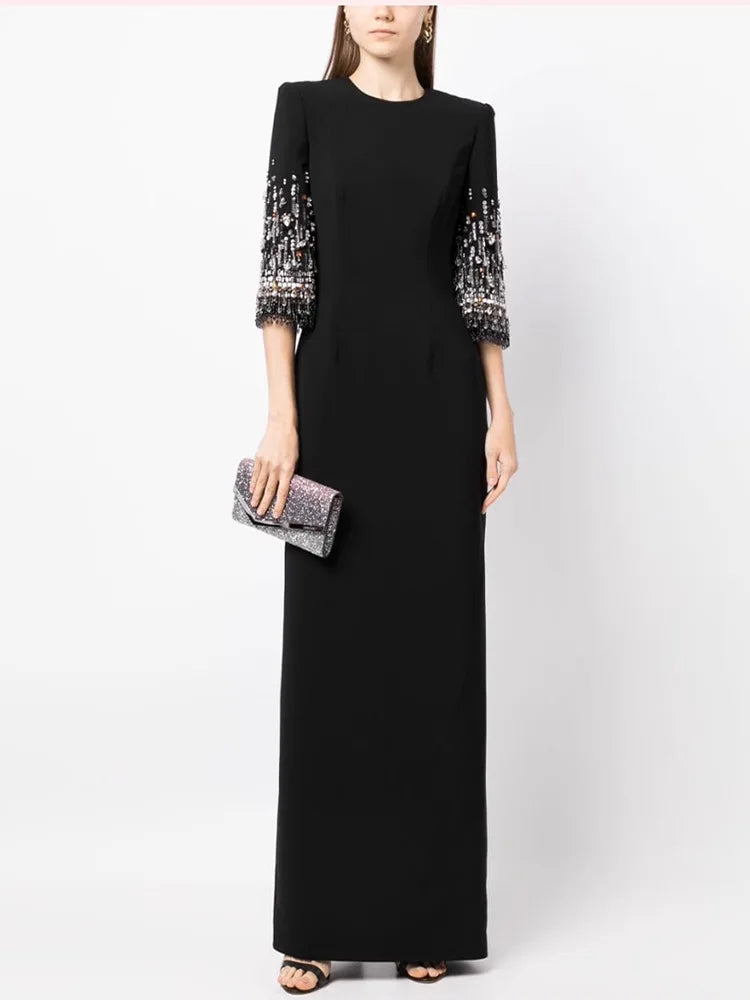 Newest Fashion 2026 S/S Designer Vestido Women's Half Sleeve Stunning Beaded  Long Maxi Dress