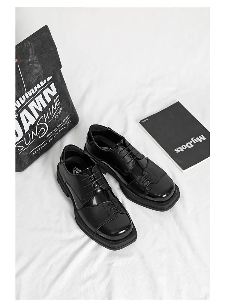 Men Genuine Leather Derby Shoes Vintage Square Toe Male Lace Up Platform Dress Shoes Black Business Footwear Wedding Shoes