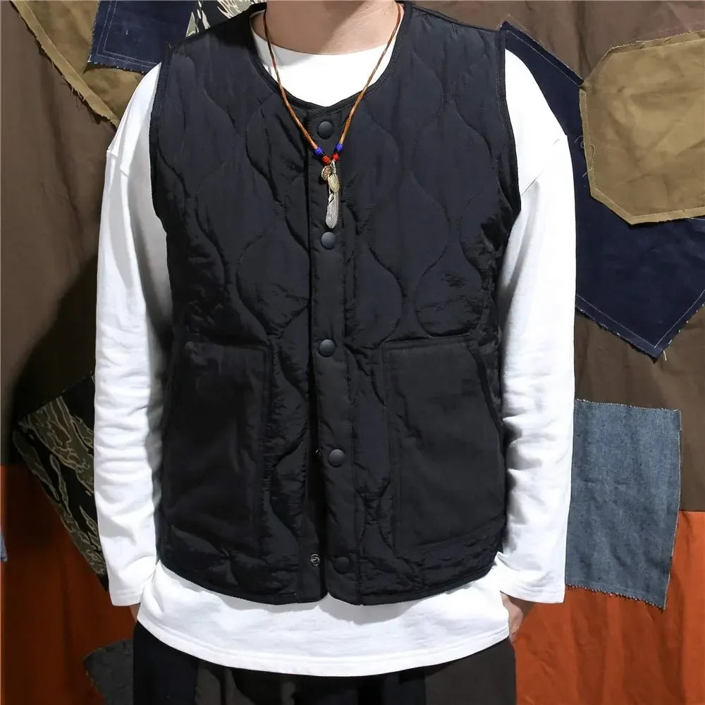 Vintage Cotton Padded Vest Mens Sleeveless Quilted Jacket Thick Warm Casual Working Outerwear Men Autumn Winter