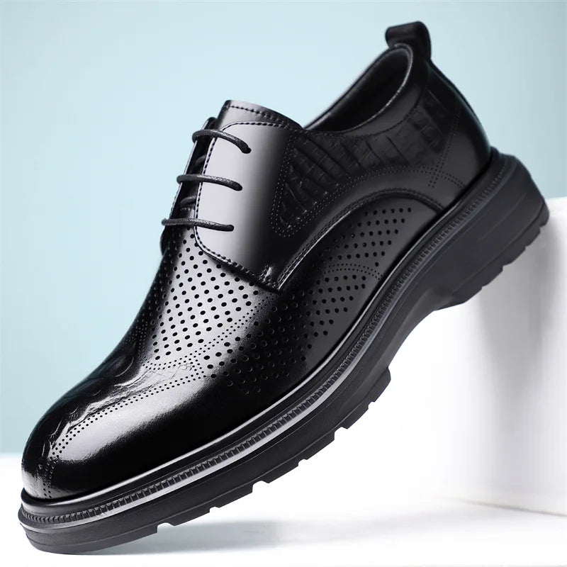 2026 Summer New Men's Cow Leather Oxford Shoes Hollow Out Formal Business Dress Shoes Male Non-slip Fashion Platform Shoe Man