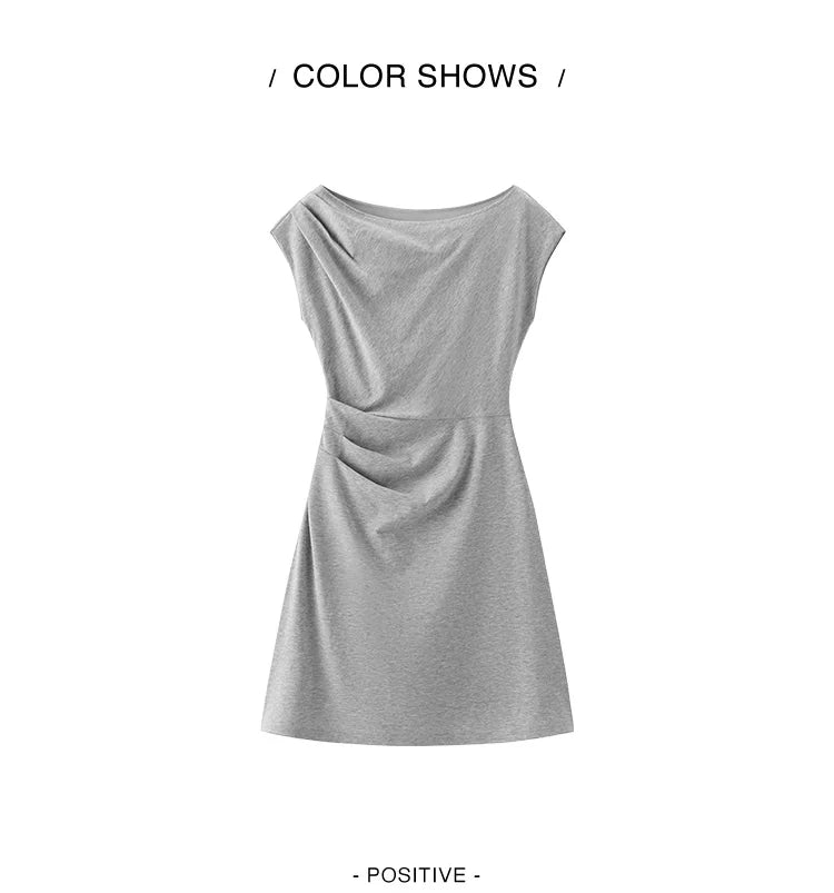 Women Dress One Shoulder Oblique Neck Waist Pleated Solid Cool Feeling Mini 2026 Summer Minimalist Temperament Fashion Top