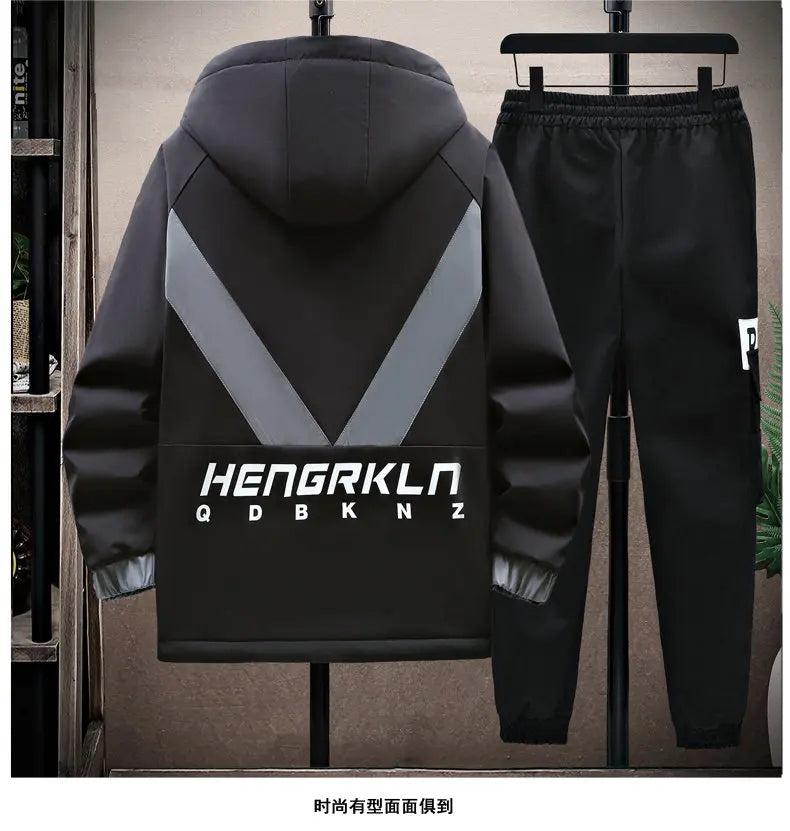 Winter Tracksuit Men Warm Sports Printed Thick Suit Mens Casual Hooded jacket+Pants Sweatsuit Male 2 Piece Sportswear