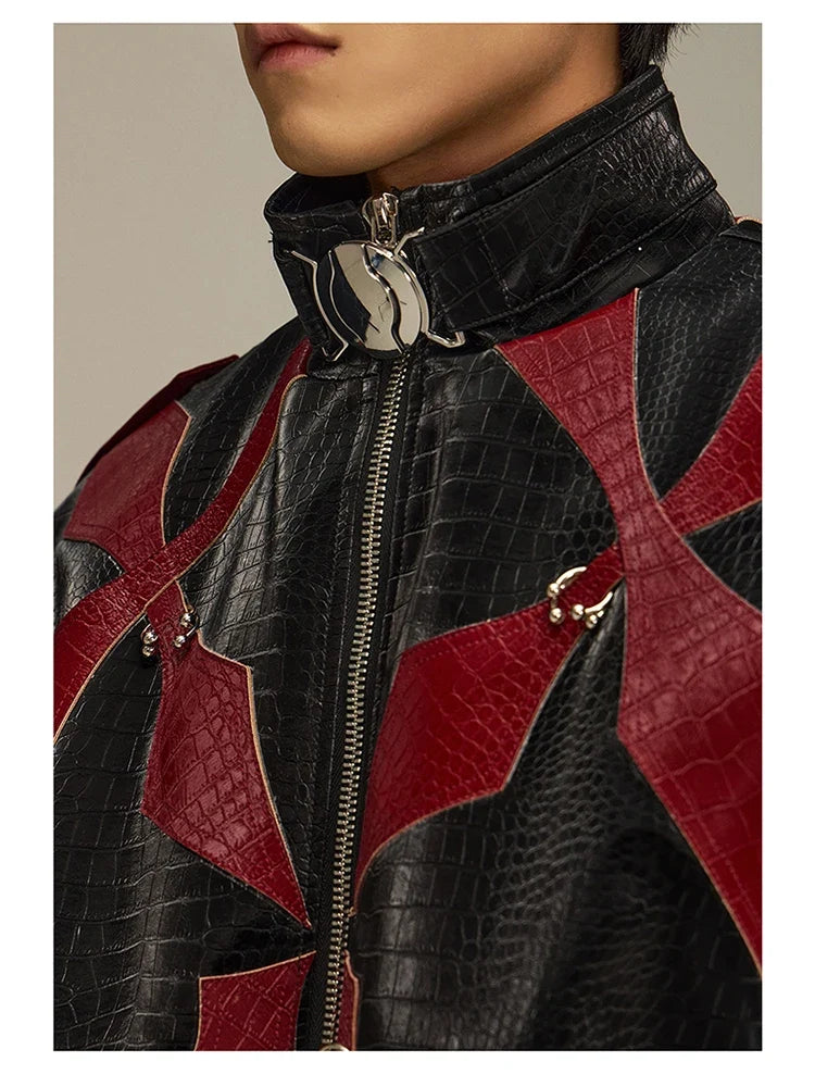 Spring Autumn Cool Handsome Crocodile Print Patchwork Pu Leather Jacket Men Color Block Luxury Designer Clothes 2024