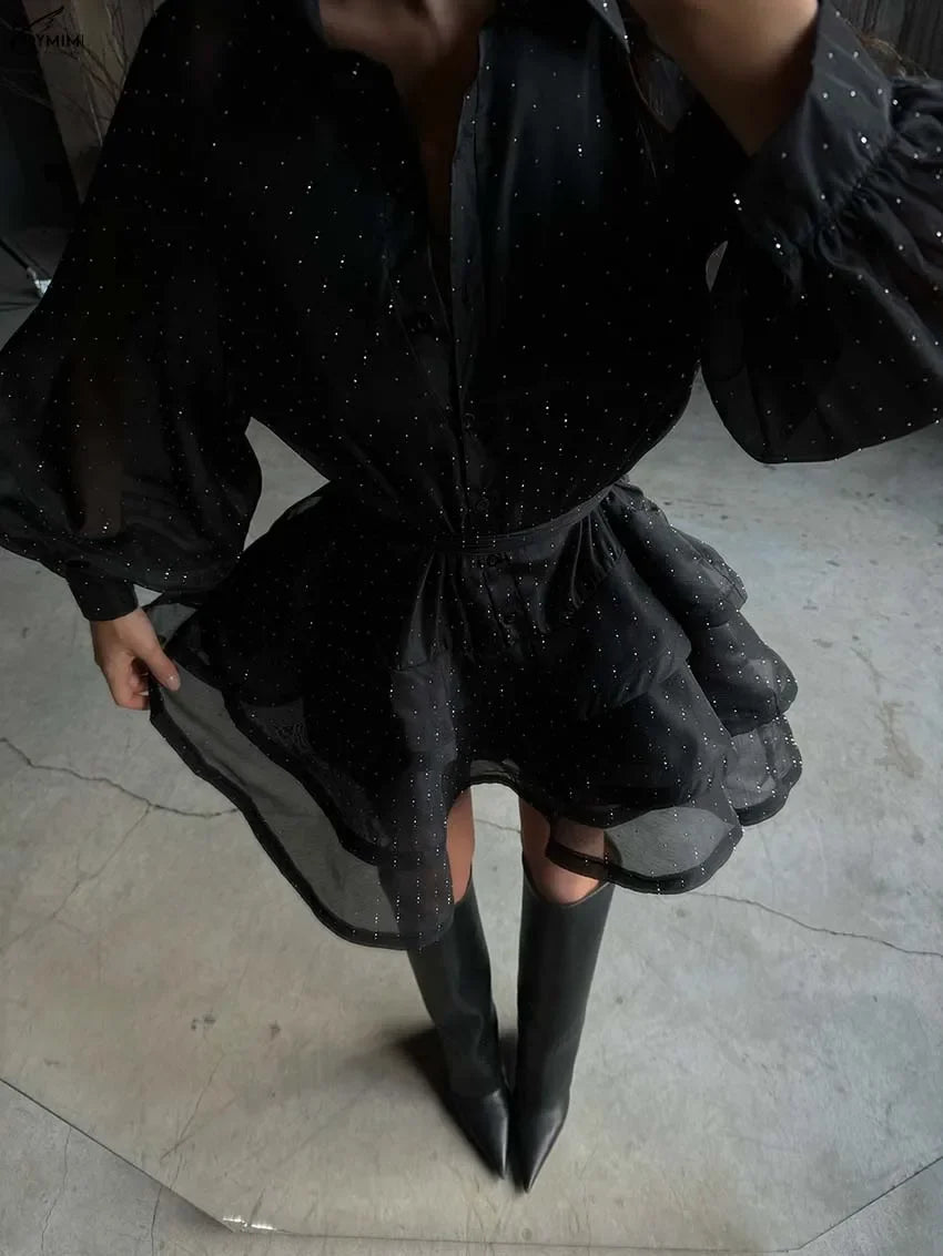 Fashion Black Rhinestone Women's Dress Casual Lapel Long Sleeve Button Dresses Elegant New Lace-Up Pleated Mini Dresses