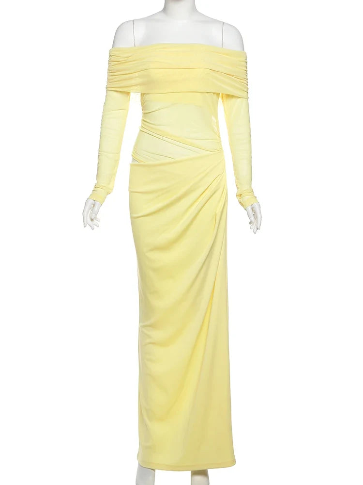 Sexy Dress Women 2025 Spring Patchwork Mesh Elegant Slash Neck Ruched Fit Chic Birthday Party Festival Vacation Vestidos