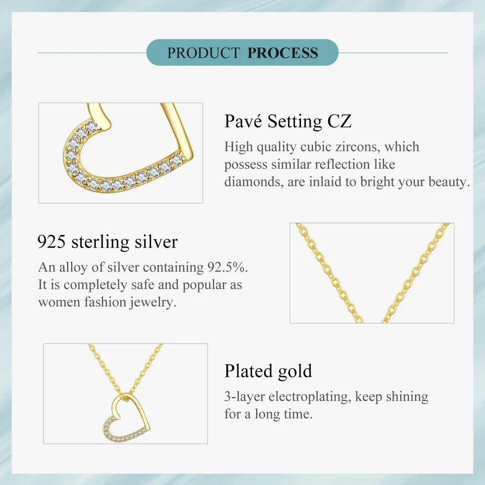 Genuine 925 Sterling Silver The shape of love Chain Necklace for Women, Godl Plated Heart Necklace 3 Color 18.11''