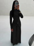 Ruched Elegant Maxi Dress Women Daily Casual Fashion Skinny Full Sleeve Solid Gown Midnight Prom Party Long Bodycon