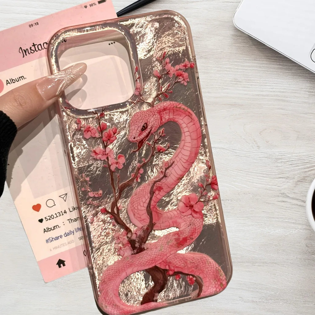 Illustration Plum Blossom Pink Snake Phone Case For iPhone 16 Pro Max 15 14 Plus 13 12 11 XS X XR 7 8 16 Plus SE 2022 16E Cover