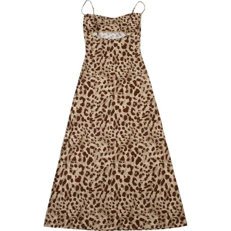 Leopard Print Dress Woman Summer Sexy Swing Collar Spaghetti Straps Backless Ruffles Party Clubwear Skinny Vestidos