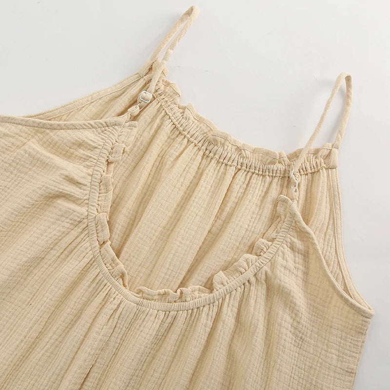 Vintage Muslin 100% Cotton Gauze Summer Dress Women Loose Sexy Sleeveless Ruched Long Maxi Desses Chic Vestidos