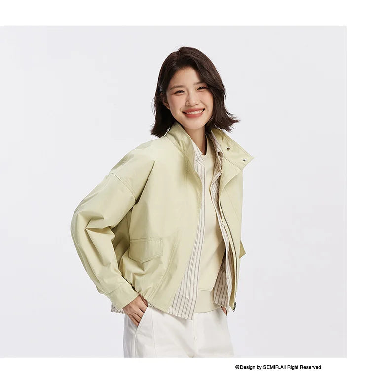 Women Jacket Solid Stand Collar Bubble Hem Oversize Dropped Shoulder Casual Style Autumn Outerwear Daily Wear 2026