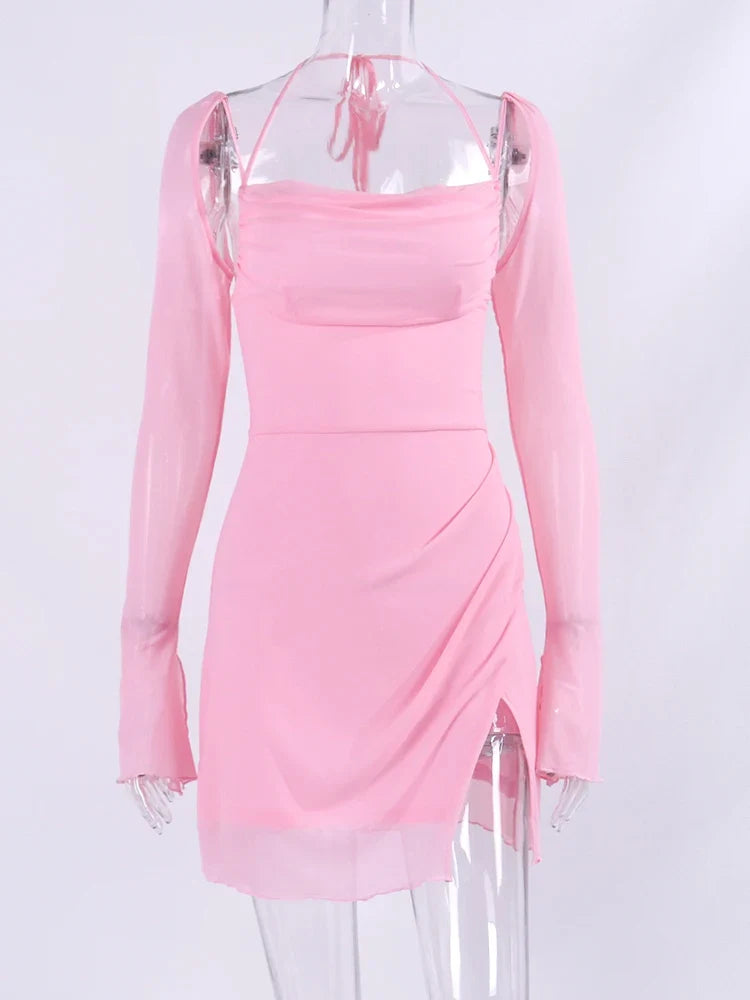 NewAsia Halter Flounce Sleeves Mesh Pink Dress Women Sexy Solid Backless Bandage Mini Vestido Summer Vacation Party Club