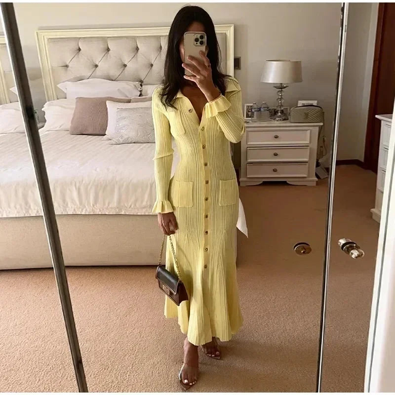 Winter Knitted Dress Women 2025 New Long Sleelve Ruffles Single Breasted Long Dresses Female Party Fashion Sweater Vestidos