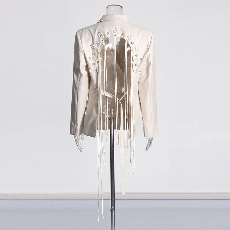 New Arrival Women Back Hollow Out Design Double Breasted Suit Jackets Y2K High Street Streamer Decoration Temperament Coat