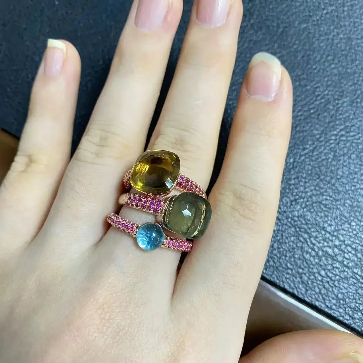 3Pcs/Set Nudo Ring Stacking Set for Women Mix Color Candy Crystal Inlay Zircon Amethyst Blue Topaz Round Jewelry Gift