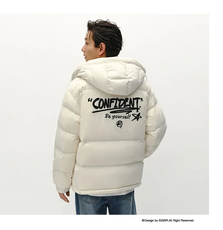 Down Jacket Men Winter 80% Down Fill Loose Hooded Outerwear Textured Street Trendy Letter Printed Top Men'S Clothing