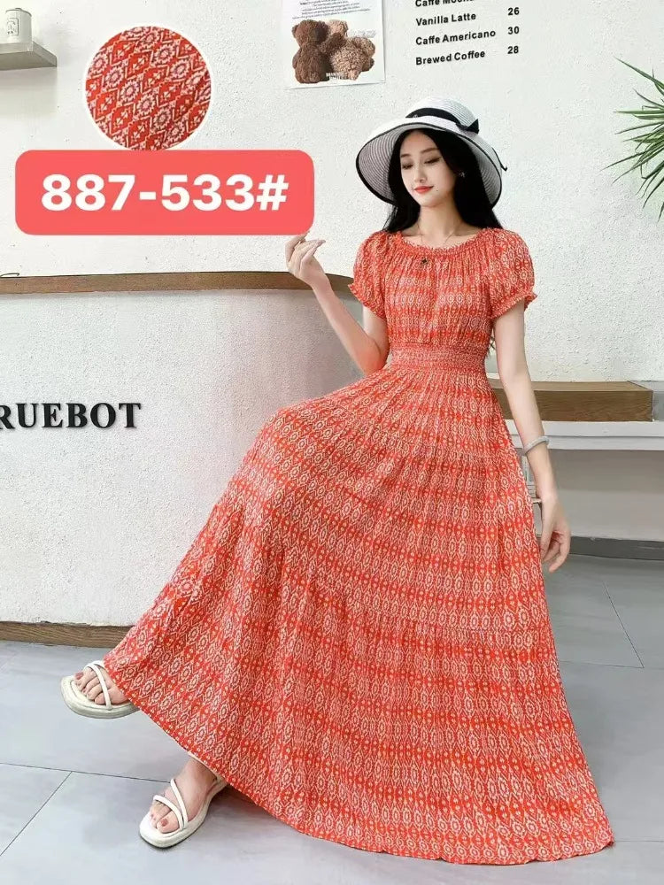 Vestidos Robe Maxi Long Dress Women Summer Indian Clothes Bohemian Cotton Linen Floral Short Sleeve Korean Style Casual