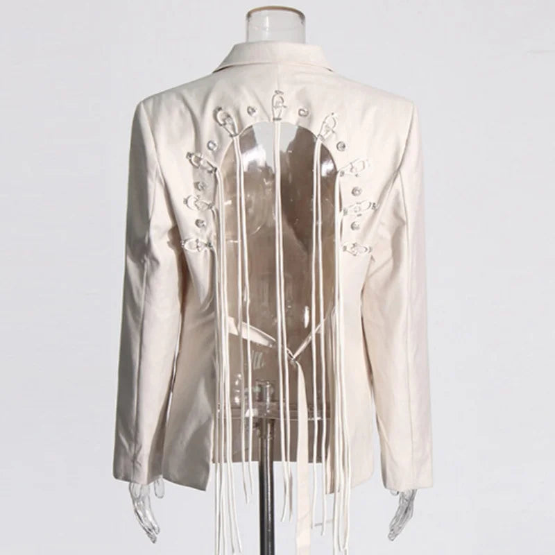 New Arrival Women Back Hollow Out Design Double Breasted Suit Jackets Y2K High Street Streamer Decoration Temperament Coat