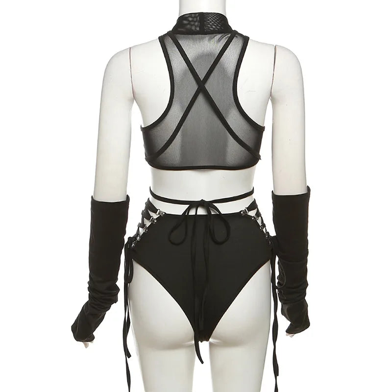 Bandage Hollow Out Sexy Cyber Y2k Bodysuits Gothic Techwear Mesh Patchwork Tops Female Glove Sleeve Mock Neck Bodysuit