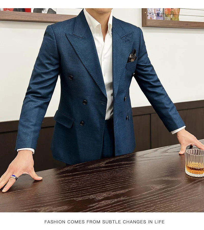 Men Vintage Luxury Double Breasted Slim Fit Lapel Evening Gown ltalian Style Fashion High-end Groom Wedding Party Tuxedo 2 Piece