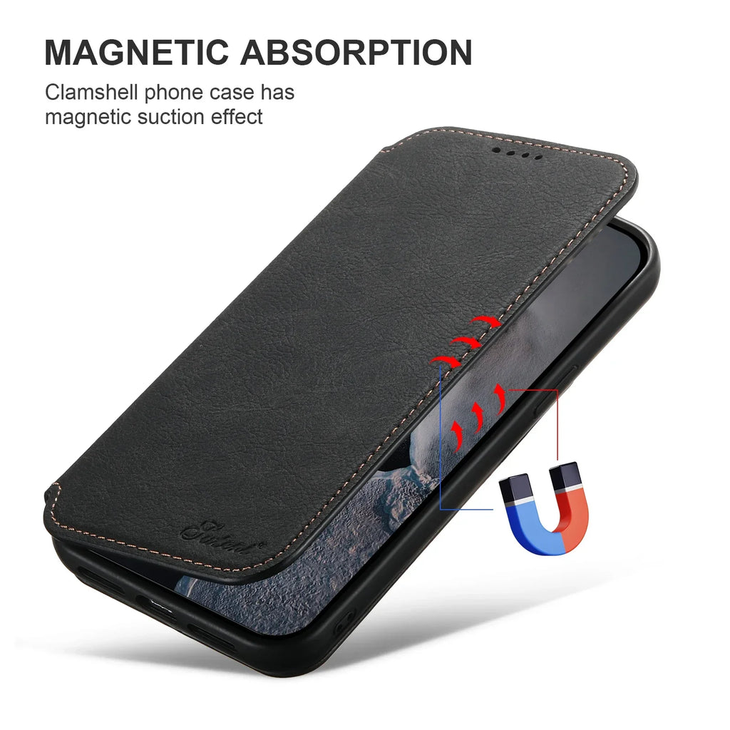 SUTENI Compatible Wireless Charging Leather Phone Case For iPhone 12 13 14 15 16 Plus 17 Pro Max Flip Cover Wallet Card Holder