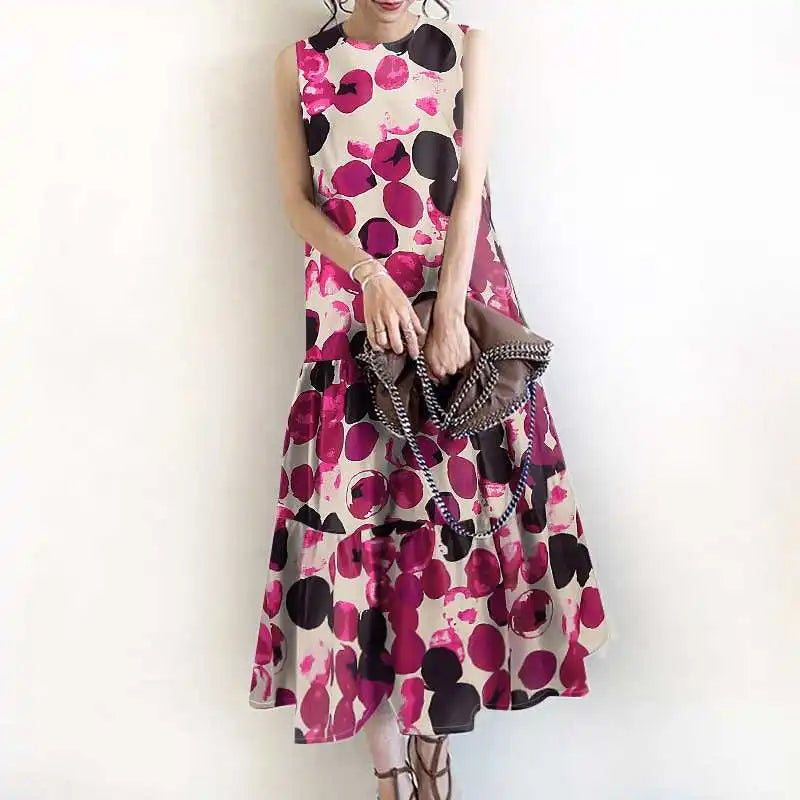 2024 Bohemian Sleeveless Summer Dresses Women Floral Printed Sundress Fashion Casual Ruffles Hem Long Vestido Robe Femme