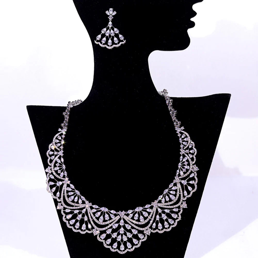 NEW Trendy 2PCS Necklace For Women Luxury Wedding Cubic Zircon CZ African Dubai Bridal Jewelry Set