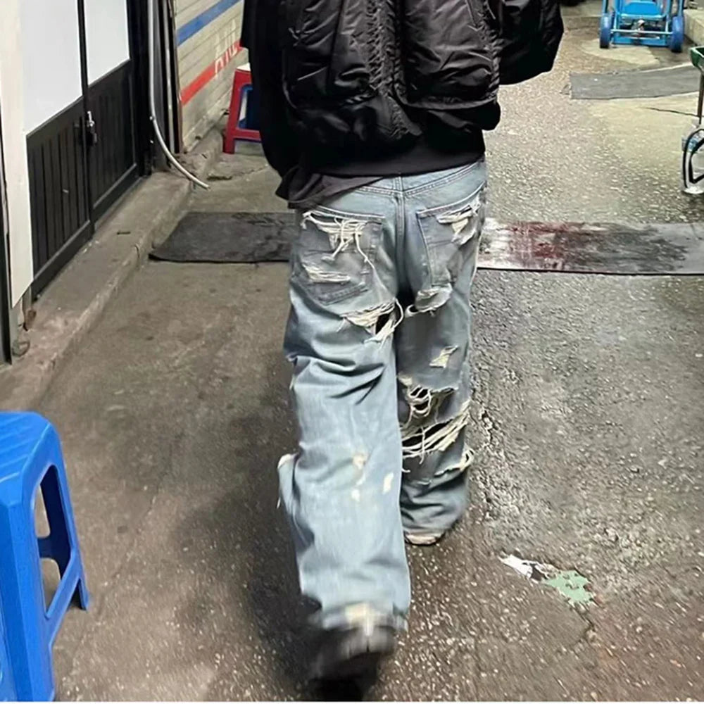 Distressed Washed Blue Baggy Wide Leg Jeans for Men