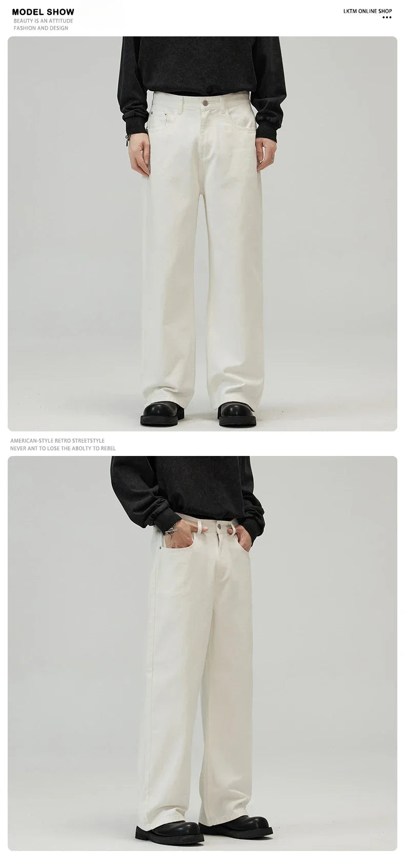 100％ Cotton Men's Baggy Straight Jeans Comfortable Soft Casual Pants Fashion Korean White Brown Denim Trousers Male Clothing