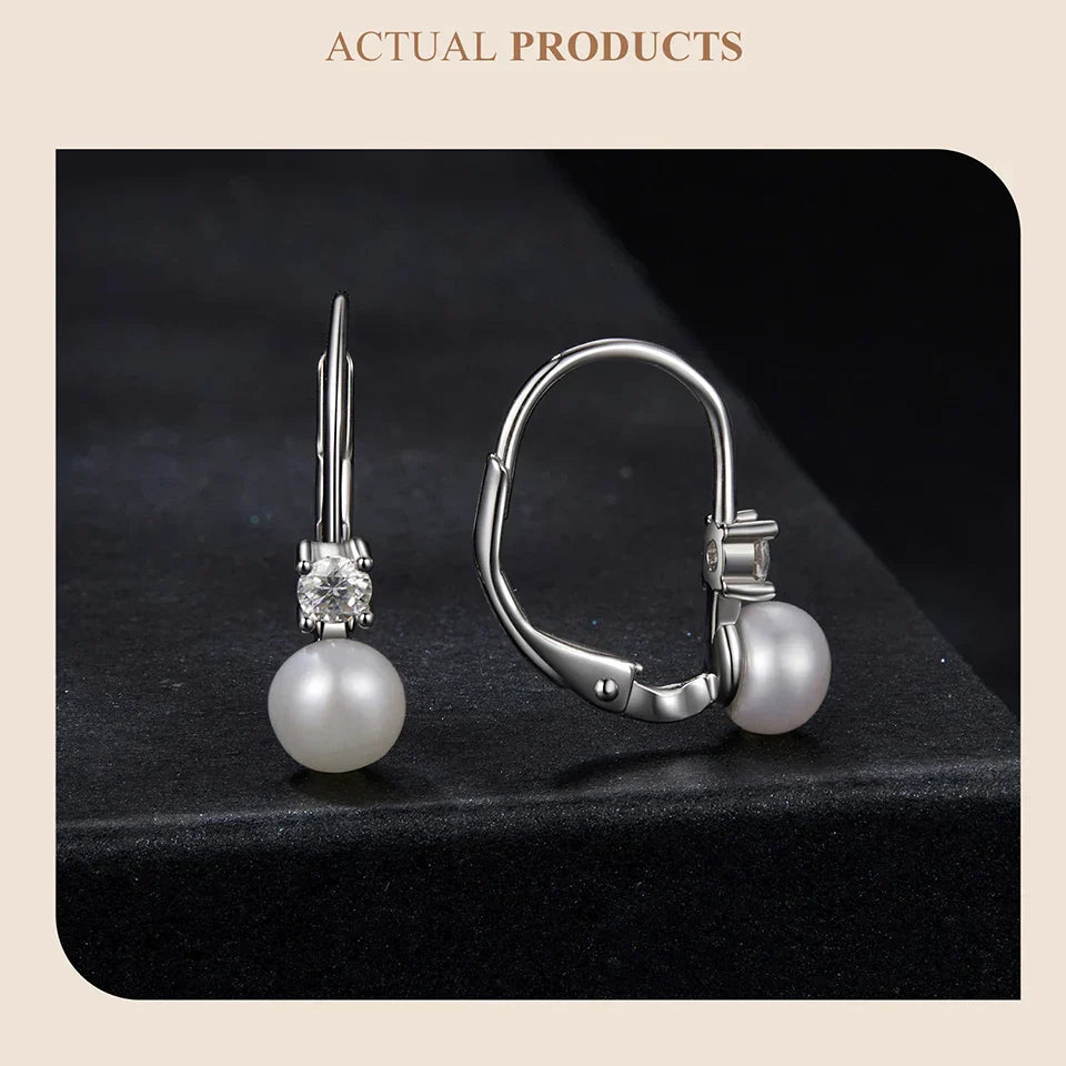 Moissanite Freshwater Pearl Earrings for Women Wedding, Round Cut Lab Diamond 925 Sterling Silver Drop Dangle Ear Buckles