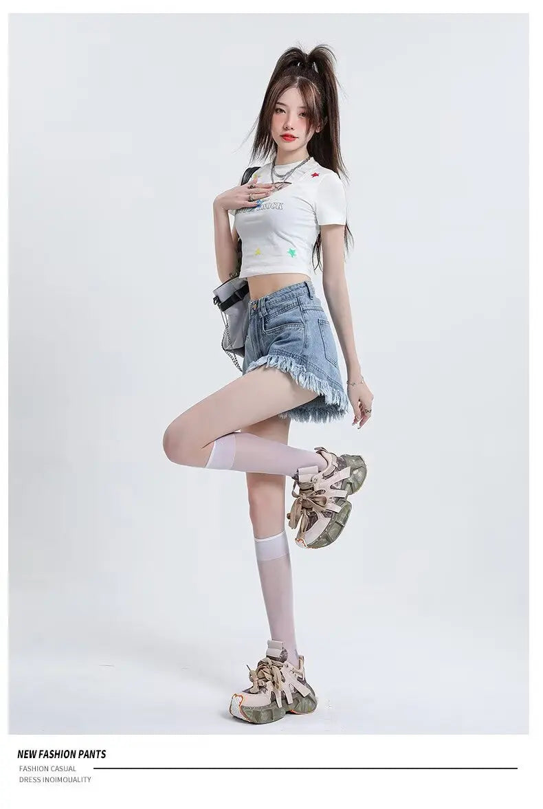 Women's Pear-shaped Friendly Denim Shorts 2026 Summer New High Waist Frayed Hem Casual Streetwear Wide Leg Hot Pants