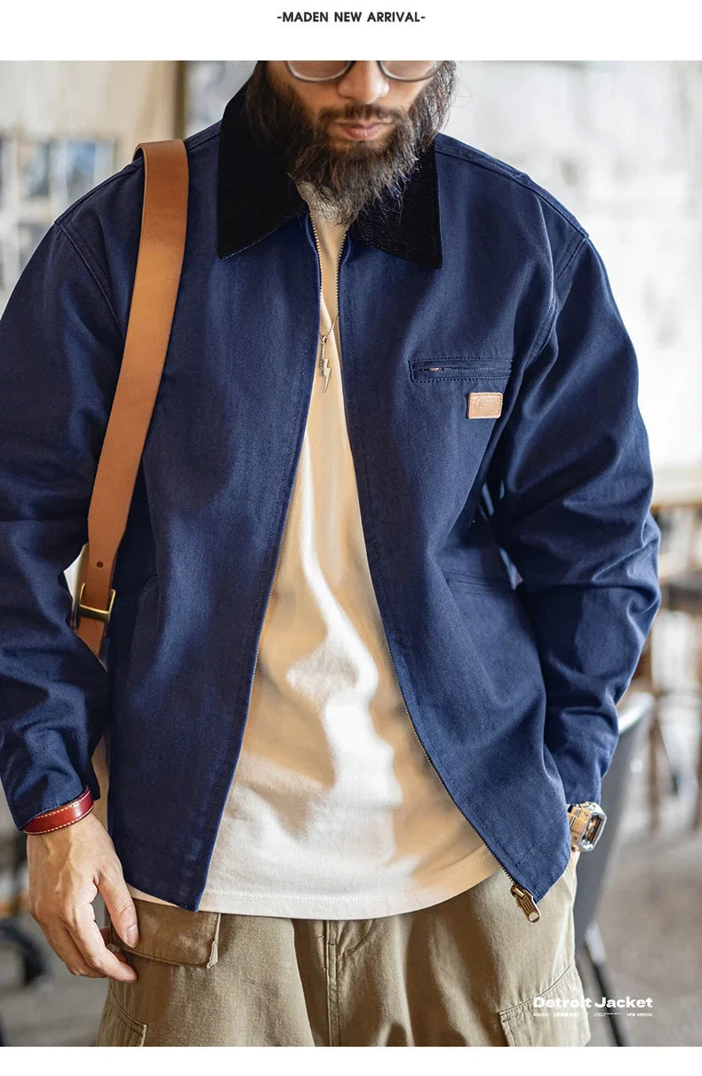 Men's Retro J001 Detroit Jacket Heavyweight Canvas Hunting Coat Lapel Collar Work Jackets with Zipper for Spring Fall
