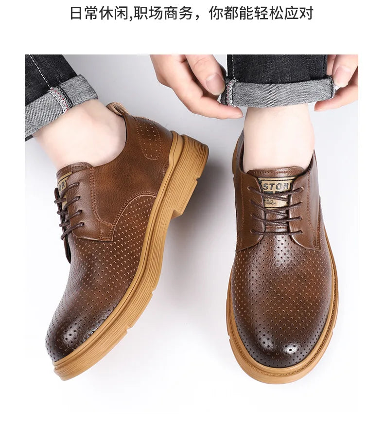 Summer Autumn New Low Top Cow Leather Shoes for Men Hallow Lace Designer Platform Shoes Male Fashion Business Casual Shoe Man