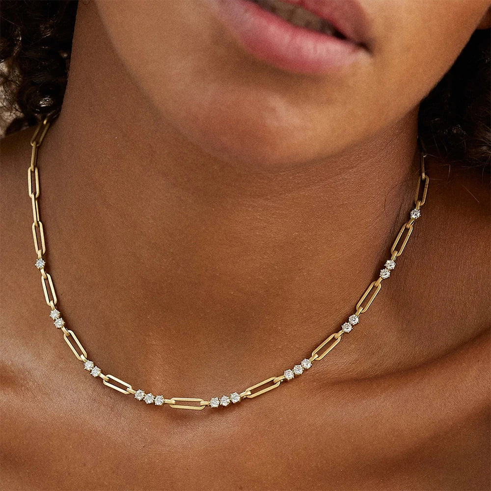 S925 Sterling Silver Paperclip Necklace with 3mm Round Moissanite Diamond Layering Link Chain Necklace for Women Fine Jewelry