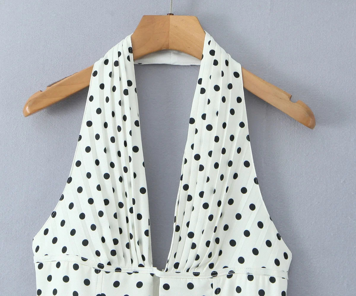 French Style Retro Polka Dot Deep V Halter Dress Women Sexy Backless A-line Slim Sweet Elegant Mini Dresses Summer Robe